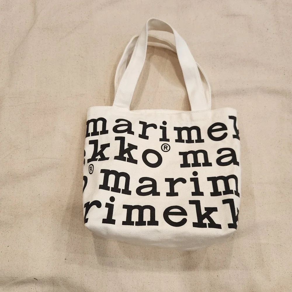 New Marimekko Canvas Tote Bag White Black Logo Lettering Print Small Mini